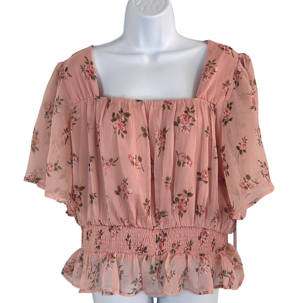 NWT Mixed Threads LA Women's 2X Pink Floral Smocked Peplum Blouse Babydoll Fairy